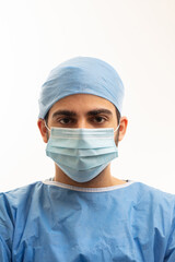 Doctor with surgical mask isolated on white background.