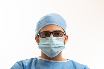 Doctor with surgical mask isolated on white background.