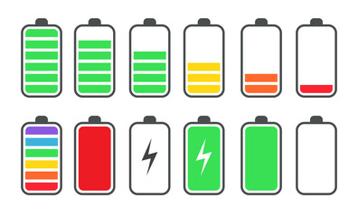 Phone battery charge status flat symbols set. Charge or recharge indicator, power loading isolated vector illustration collection. Smartphone UI symbols concept