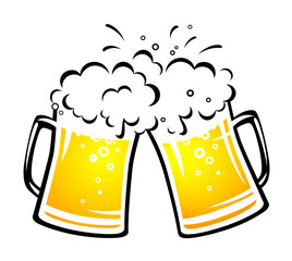 two bright beer mugs with foam and droplets