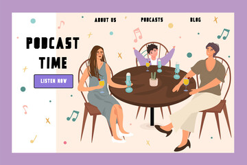 Family, maternal and female podcast. Nice flat vector studio for family podcasts. Radio host and guests at the table. Banner with Illustration for website media. Discussion of family problems.