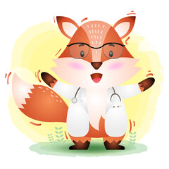 a cute little doctor fox. Cartoon doctor fox. Vector illustration