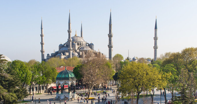 Istanbul, Turkey - also known as the Blue Mosque, the Sultan Ahmed Mosque is located right in front Hagia Sofia. Here in particular it's imposing structure and minarets 