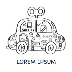 black line doodle drawing car with word safety inside for safety drive promote