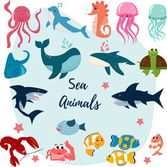 Set of sea animals. Undersea world. Cute vector collection. Shark, dolphin, fish hedgehog, clown fish, turtle, octopus, jellyfish, stingray, lobster, crab, seahorse.