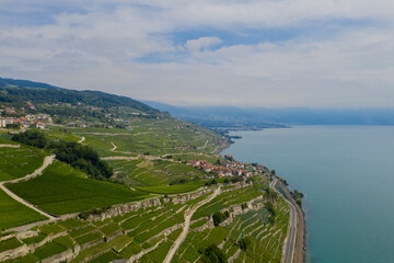 Aerial drone footage over the Lavaux, Vineyard Terraces, UNESCO