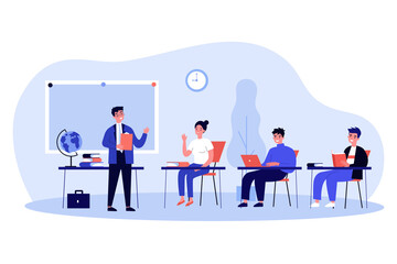 Happy school students sitting at desk in classroom. Girls and guys listening to lecture at college class. Vector illustration for audience, lesson, education, teacher job concept