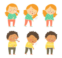 Flu symptoms fever, cough, tiredness. Cute african american boy and caucasian girl. Cartoon hand drawn10 illustration isolated on white background in a flat style.