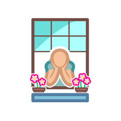 Stay at home icon in color of a person looking out the window. Isolated on white. Vector illustration.