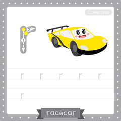 Letter R lowercase tracing practice worksheet of Racecar