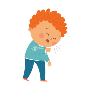 Cute Boy Coughing. Cartoon hand drawn10 illustration isolated on white background in a flat style.