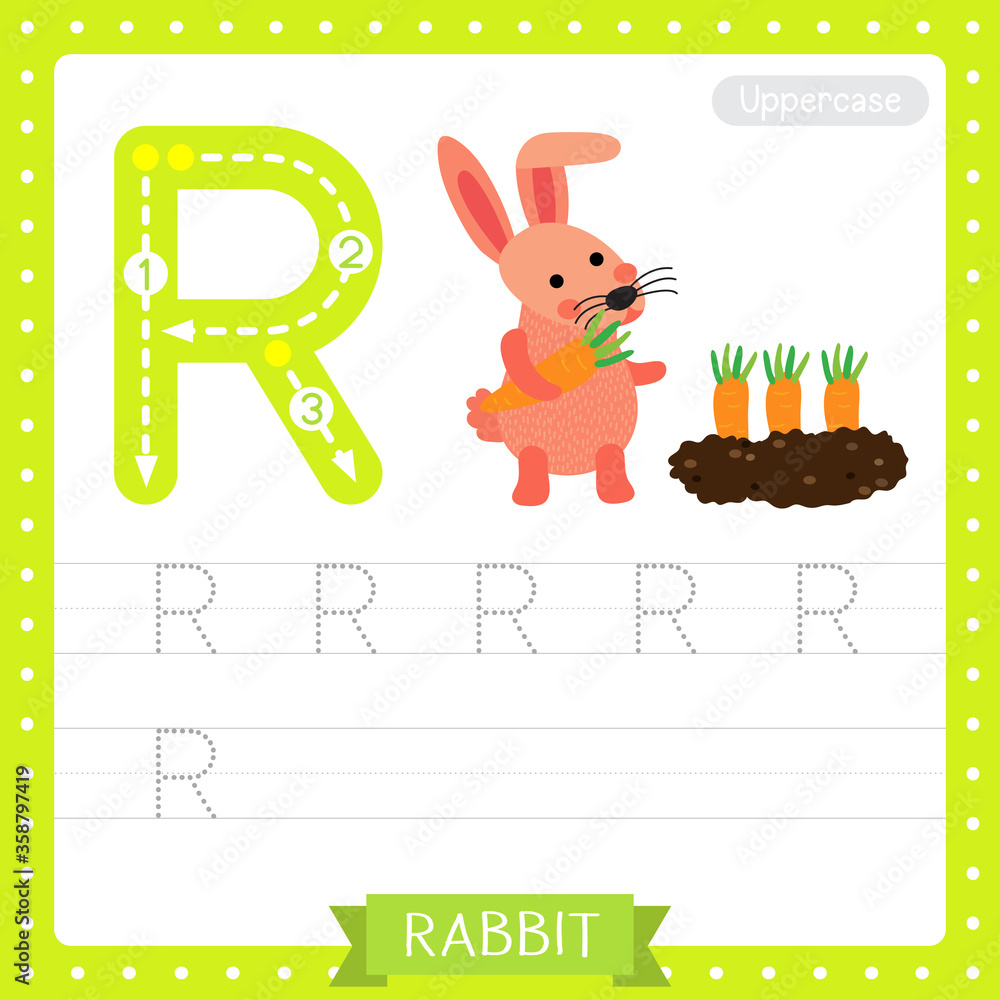 Wall mural Letter R uppercase tracing practice worksheet of Pink Rabbit holding carrot