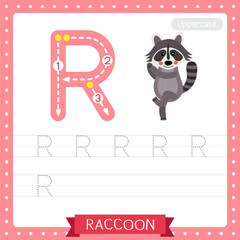 Letter R uppercase tracing practice worksheet of Dancing Raccoon