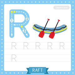 Letter R uppercase tracing practice worksheet of Raft