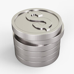 pile of coins dollar icon silver color 3D currency symbols, currency icon front view