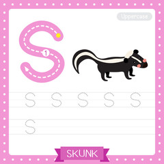 Letter S uppercase tracing practice worksheet of Skunk