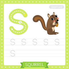 Letter S uppercase tracing practice worksheet of Squirrel