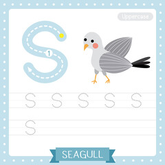 Letter S uppercase tracing practice worksheet of Standing Seagull bird