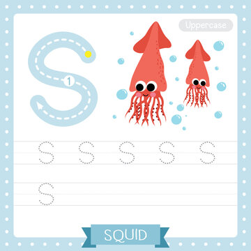 Letter S uppercase tracing practice worksheet of Squid