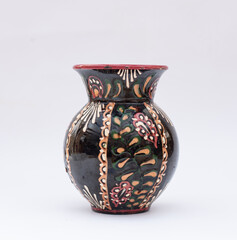 Antique folk art ceramic vase - black and pink