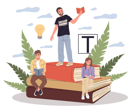 Happy people reading books. Students on stack of books, studying textbooks, getting knowledge. illustration for learning, literature, library, education concept