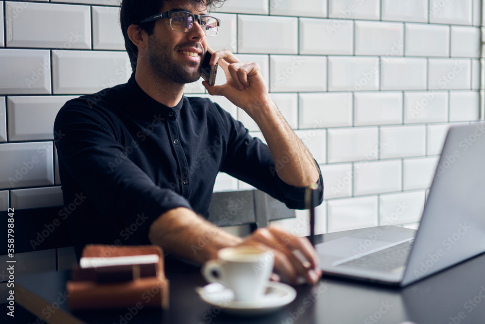 Poster attractive professional it developer having conversation with customer about successful startup proj