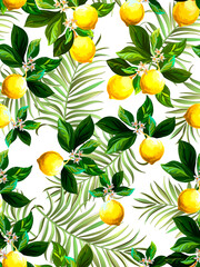 Seamless citrus vector pattern on white background. Hand drawn illustration with lemons. Tropical fruit wallpaper.