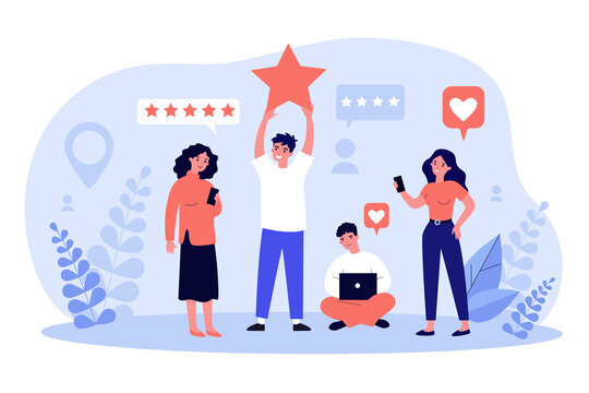 Happy Customers Giving Feedback To Service Or Online Store. People With Gadgets Voting With Rating Stars. Vector Illustration For Client Positive Review, Assessment, Evaluation Concept