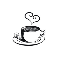 Vector illustration of a coffee cup with two sugar cubes on a saucer plate with a heart-shaped steam coming out of the cup.