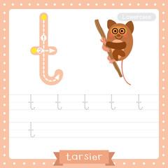 Letter T lowercase tracing practice worksheet of Tarsier hanging on tree
