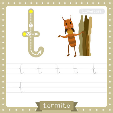 Letter T lowercase tracing practice worksheet of Termite