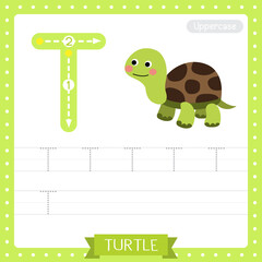Letter T uppercase tracing practice worksheet of Turtle