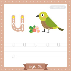 Letter U lowercase tracing practice worksheet of Uguisu bird