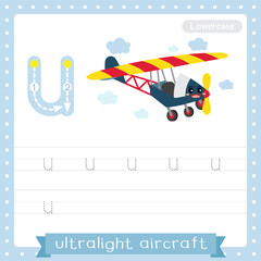 Letter U lowercase tracing practice worksheet of Ultralight Aircraft