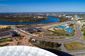 Aerial View on Train Station and Transport Links on the Riversite, Perth, Australia, Western Australia