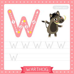Letter W uppercase tracing practice worksheet of Warthog