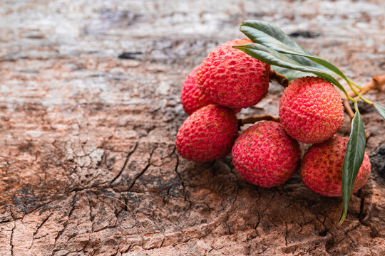 Lychee with leaves on gray background. Tropical fruit.