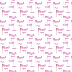 Seamless pattern with pink girlish bunting flags. Cute childish birthday ribbons on white background. Hand drawn watercolor flag For kid party