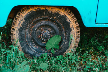 An old car with a rusty wheel stands on the grass