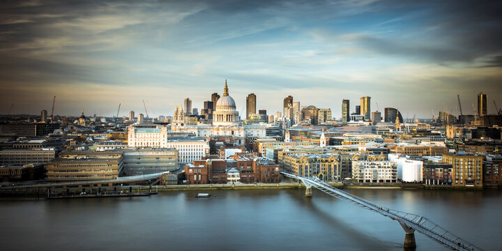 London skyline, panoramic view of the City of London in soft light 