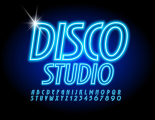 Vector blue neon banner Disco Studio with Modern Electric Font. Trendy Alphabet Letters and Numbers