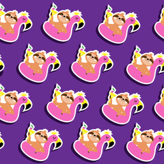 Beautiful summer sloth on a pink flamingo holds a cocktail seamless pattern on a purple contrasting background. Concept summer © Lucky Project