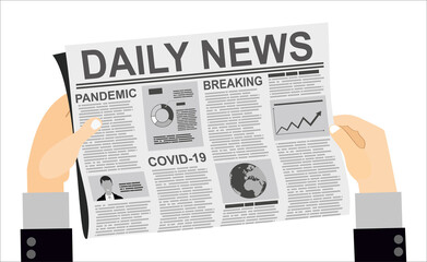 Fototapeta na wymiar Daily news. Business man hands close up of print newspaper with breaking news about coronavirus and global pandemic Covid-19. Vector illustration.