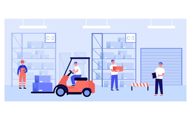 Warehouse workers and couriers carrying boxes from storage shelves, riding forklift, doing logistic works. Vector illustration for hangar interior, stockroom, delivery service concept