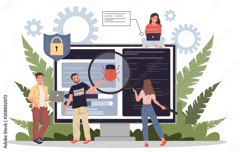 Aufkleber debugging process flat illustration. people fixing bugs in hardware device. application development 