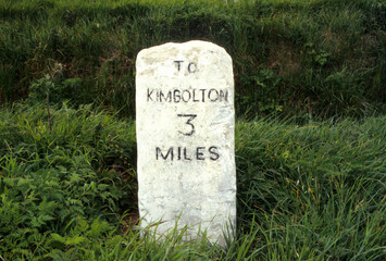 Road side mileage stone. To Kimbolton. Tilbrook Cambridgeshire UK.