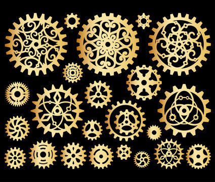 Golden openwork gears on a black background. Mechanism, steampunk, retro. Vector set of elegant decorative elements for design, decoration, holiday greeting card, signage and labels. Design template