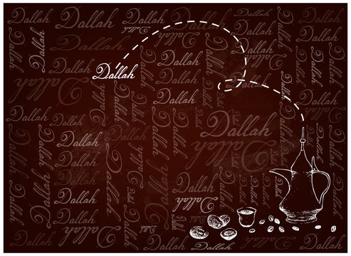 Turkish Cuisine, Hot Coffee with Dallah or Arabic Coffee on Brown Background, Used for Centuries to Brew and Serve Qahwa or Gahwa. 

