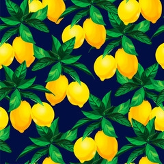Seamless citrus pattern with palm leves.Hand drawn vector illustration with lemons.Template for print, textile,wallpaper cover and box design.