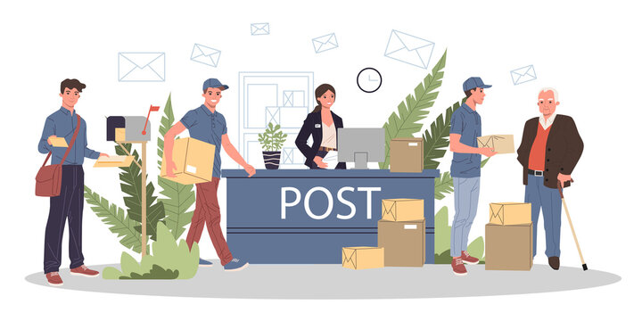 People at post office receiving parcels and mails illustration. Couriers delivering correspondence and packages to customers. Mail service office, shipping and delivery department
